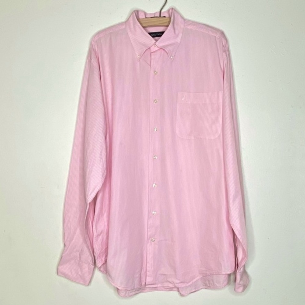 Nautica mens pink/white pin striped button down dress shirt long sleeve